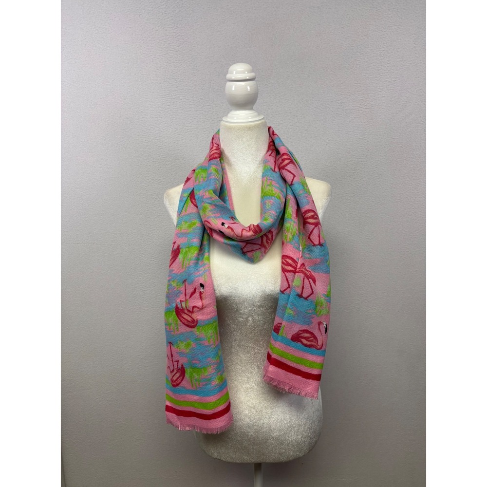 Tropical Flamingo Talbots Womens OS Pink Blue Lightweight Frayed Wrap Scarf